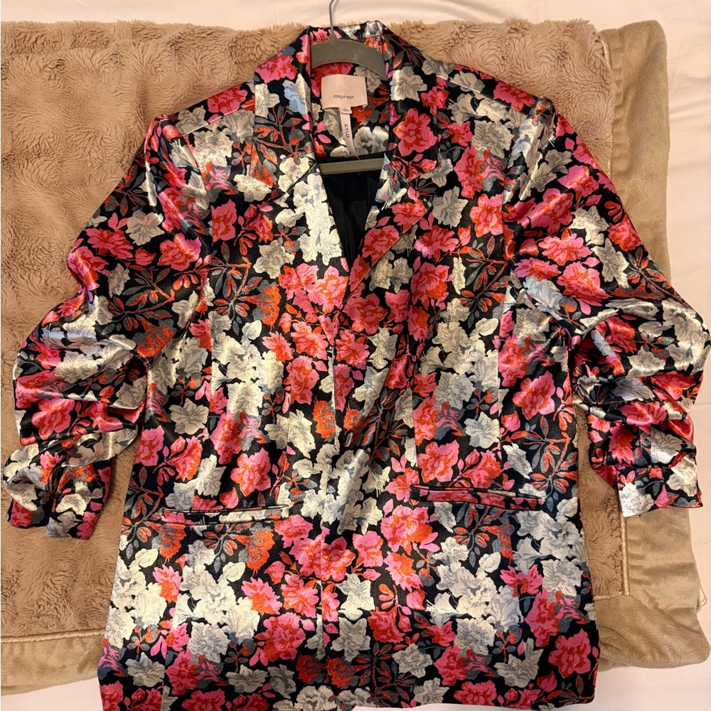 Cinq a Sept Black Blazer with Pink and Silver Floral Design